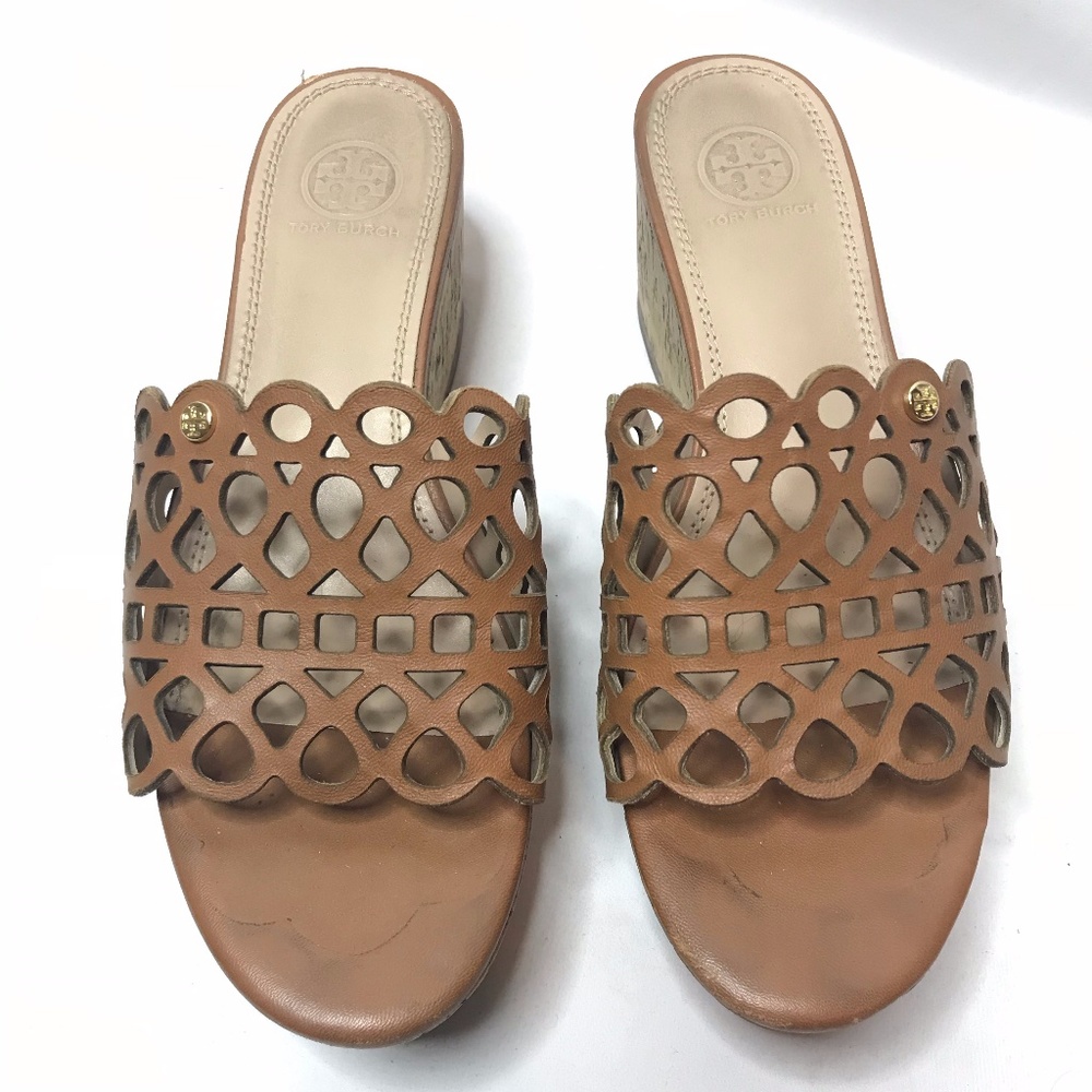 Tory Burch Platform Sandals Slides Brown Leather